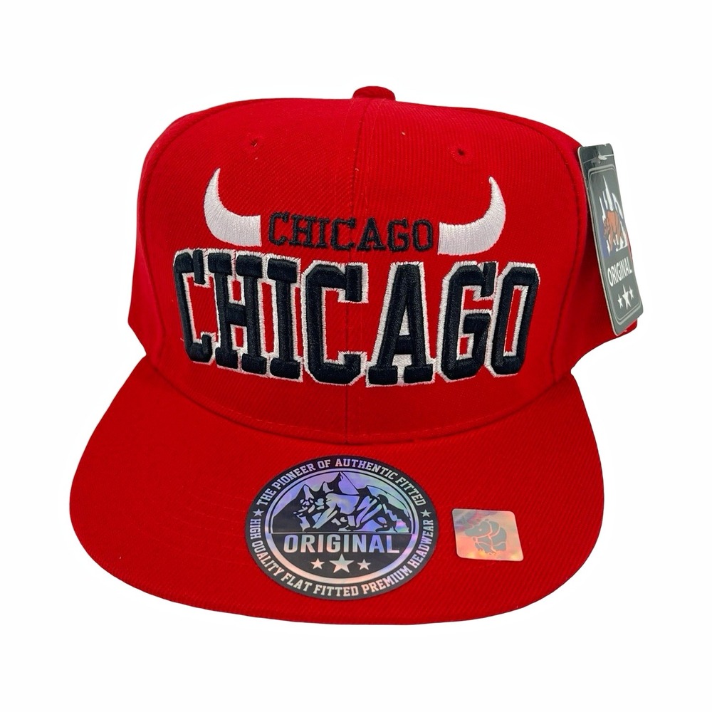 Chicago Bulls Style Snapback Hat Red Black White Embroidered Flat Bill NWT